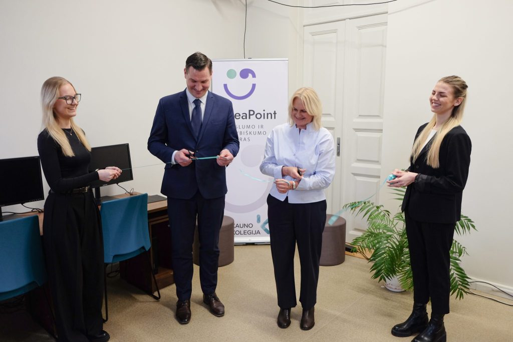 The official ribbon-cutting ceremony for the opening of the SenseTrack Lab at Kauno kolegija ideaPoint centre.