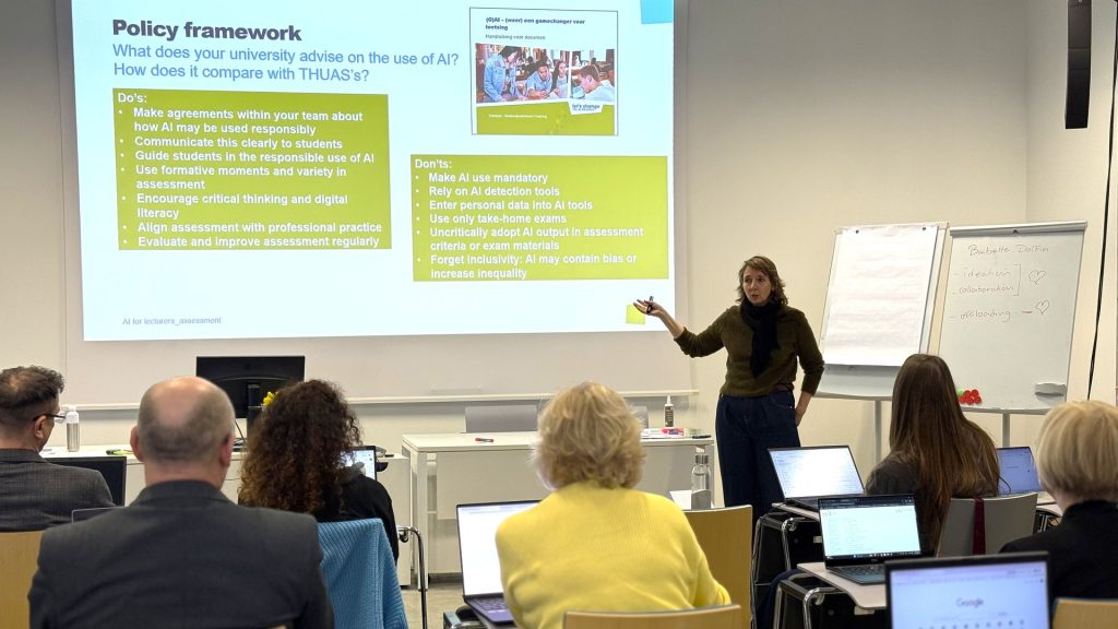 Lecturer Babette Dolfin from The Hague University of Applied Sciences delivers a training session on responsible AI use in assessment to Business Faculty lecturers at Kauno kolegija.