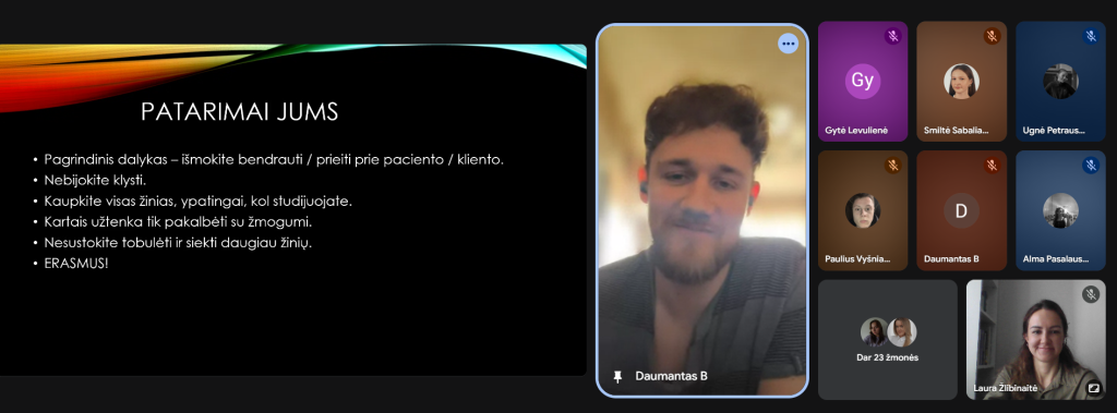 Nuotolinis kineziterapijos alumnų susitikimas su studentais, ekrane pristatomi patarimai būsimiesiems specialistams