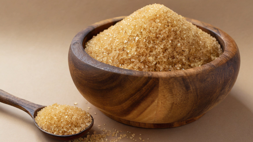 Mediniame dubenyje supiltas rudasis cukrus, šalia padėtas medinis šaukštas su cukrumi.