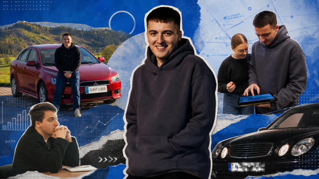 Verslo duomenų analitikos studentas Danyil Kazak Kauno kolegijoje – koliažas, atskleidžiantis jo aistrą automobiliams, studijoms ir duomenų analitikai.